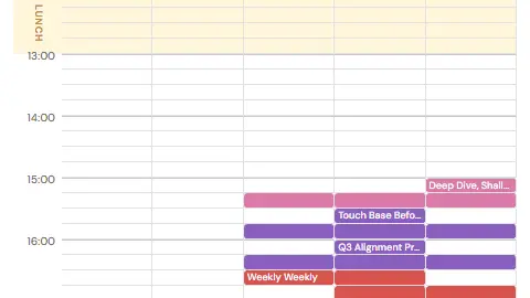 Calendar Crunch: barevné bloky schůzek se skládají do pracovního týdne
